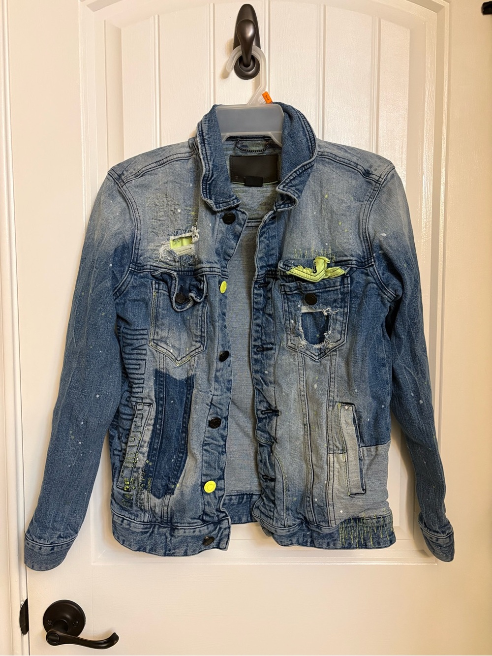 Distressed Blue Denim Shirt Jacket with Neon Accents